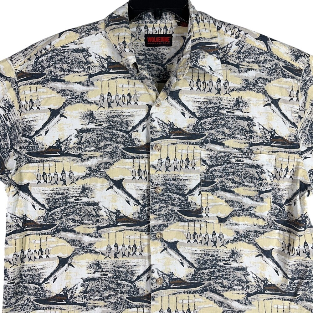 Vintage Wolverine Shirt Mens XL Marlin Fishing Hawaiian Aloha Travel Resort Y2K